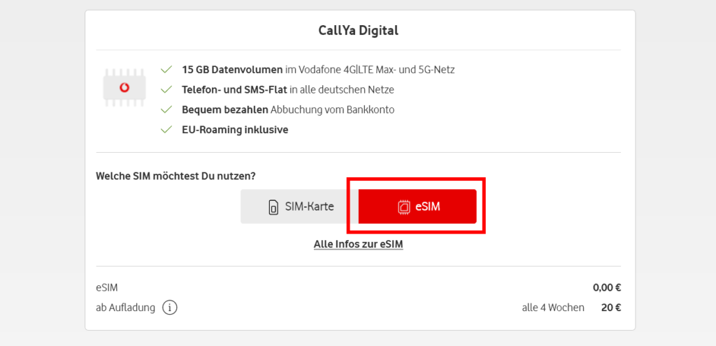 Prepaid eSIM bei den Vodafone Callya Tarifen